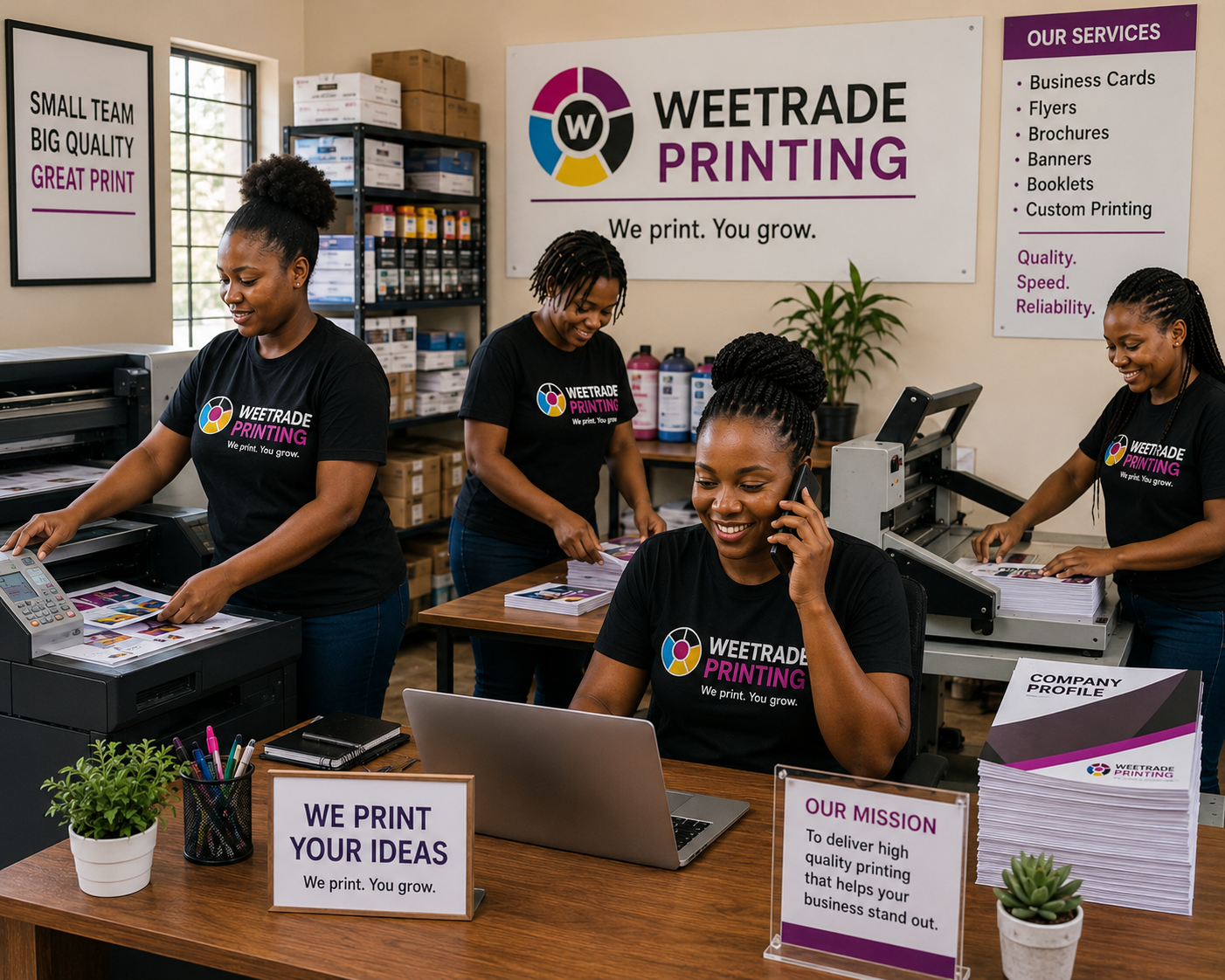 The Weetrade Printing team — mostly women — operating presses and finishing prints in the Bali, Douala workshop