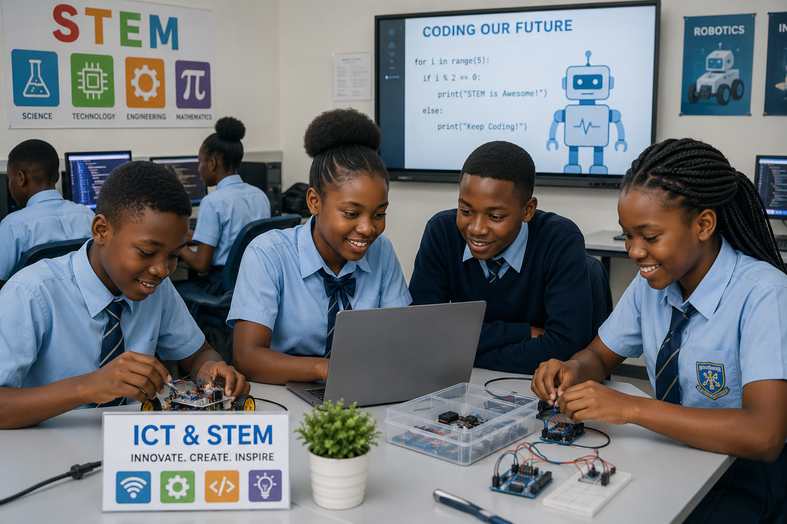 Young African students collaborating on robotics and coding at Weetrade Technology lab in Douala, Cameroon